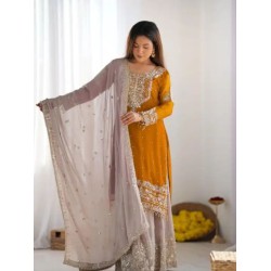 Mustard Yellow Heavy Embroidery Designer Sahara Suit Party Wear