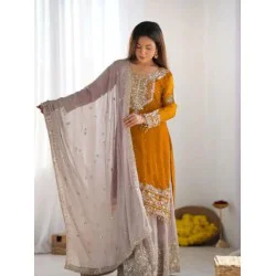 Mustard Yellow Heavy Embroidery Designer Sahara Suit Party Wear