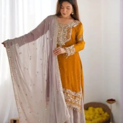 Mustard Yellow Heavy Embroidery Designer Sahara Suit Party Wear
