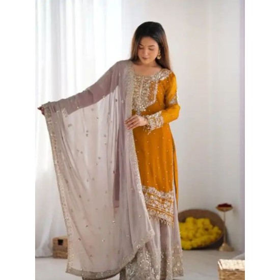 Mustard Yellow Heavy Embroidery Designer Sahara Suit Party Wear Mustard Yellow Heavy Embroidery Designer Sahara Suit Party Wear