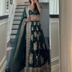 Teal Green Satin Silk Designer Lehenga Choli Readymade