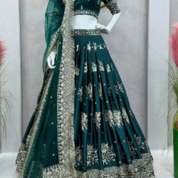 Teal Green Satin Silk Designer Lehenga Choli Readymade