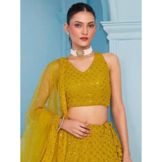Yellow Green Georgette Sequins Designer Wedding Lehenga Choli Readymade Yellow Green Georgette Sequins Designer Wedding Lehenga Choli Readymade