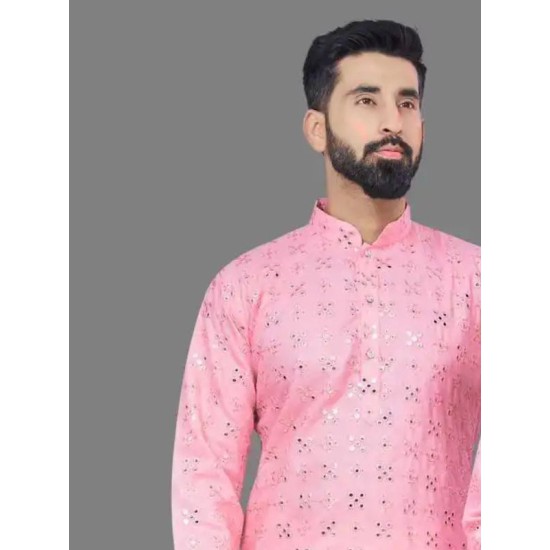 Cotton Heavy Embroidery Mirror Work Men Kurta with Pajama Set Cotton Heavy Embroidery Mirror Work Men Kurta with Pajama Set