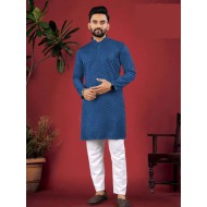 Dark Blue Designer Silk Embroidery Sequence Men's Kurta with Pajama Set