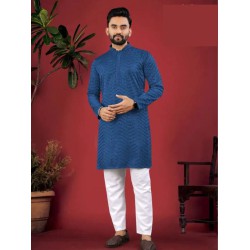Dark Blue Designer Silk Embroidery Sequence Men's Kurta with Pajama Set