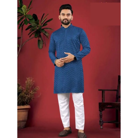 Dark Blue Designer Silk Embroidery Sequence Men's Kurta with Pajama Set Dark Blue Designer Silk Embroidery Sequence Men's Kurta with Pajama Set