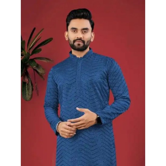Dark Blue Designer Silk Embroidery Sequence Men's Kurta with Pajama Set Dark Blue Designer Silk Embroidery Sequence Men's Kurta with Pajama Set