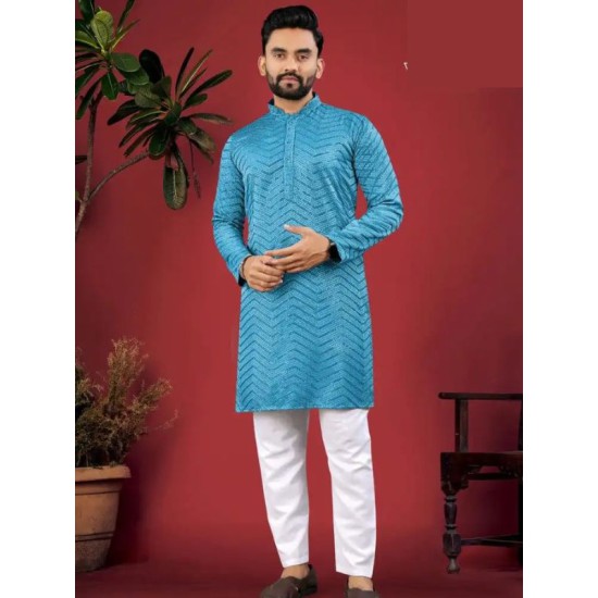 Dark Blue Designer Silk Embroidery Sequence Men's Kurta with Pajama Set Dark Blue Designer Silk Embroidery Sequence Men's Kurta with Pajama Set