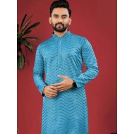 Dark Blue Designer Silk Embroidery Sequence Men's Kurta with Pajama Set