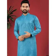 Dark Blue Designer Silk Embroidery Sequence Men's Kurta with Pajama Set