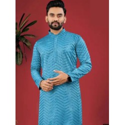 Dark Blue Designer Silk Embroidery Sequence Men's Kurta with Pajama Set