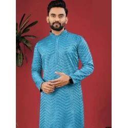 Dark Blue Designer Silk Embroidery Sequence Men's Kurta with Pajama Set