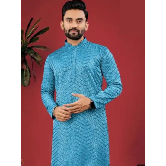 Dark Blue Designer Silk Embroidery Sequence Men's Kurta with Pajama Set Dark Blue Designer Silk Embroidery Sequence Men's Kurta with Pajama Set