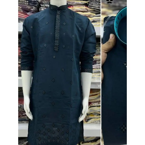Designer Silk Embroidery Sequence Work Men's Kurta with Pajama Set Designer Silk Embroidery Sequence Work Men's Kurta with Pajama Set