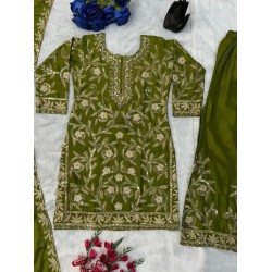 Green Chinnon Silk Printed Embroidery Readymade Sharara Suit Sets