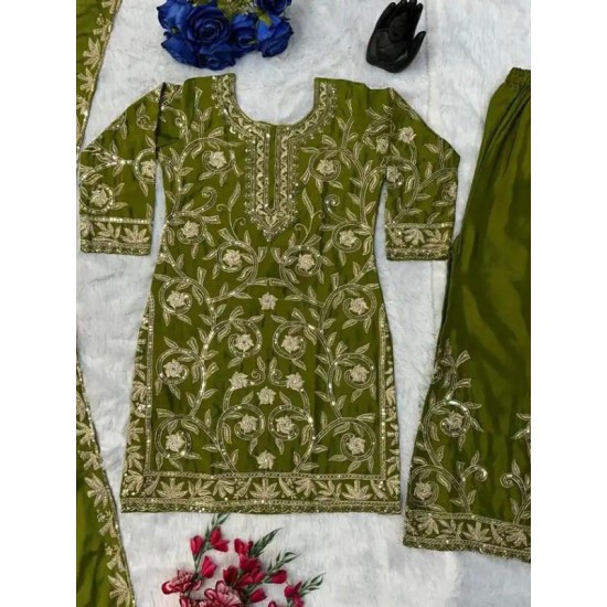 Green Chinnon Silk Printed Embroidery Readymade Sharara Suit Sets Green Chinnon Silk Printed Embroidery Readymade Sharara Suit Sets