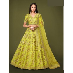 Lemon Green Silk Zari Embroidery Bridal Lehenga Choli Readymade