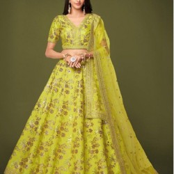 Lemon Green Silk Zari Embroidery Bridal Lehenga Choli Readymade
