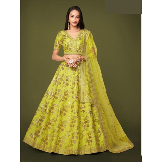Lemon Green Silk Zari Embroidery Bridal Lehenga Choli Readymade Lemon Green Silk Zari Embroidery Bridal Lehenga Choli Readymade