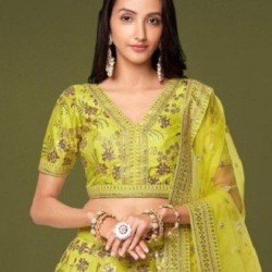 Lemon Green Silk Zari Embroidery Bridal Lehenga Choli Readymade