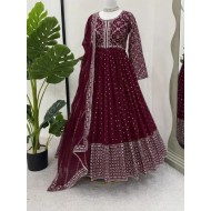 Maroon Faux Georgette Designer Embroidered Anarkali Gown With Dupatta