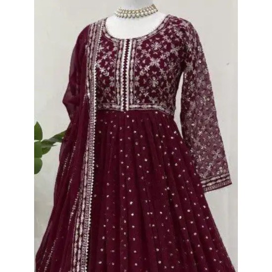 Maroon Faux Georgette Designer Embroidered Anarkali Gown With Dupatta Maroon Faux Georgette Designer Embroidered Anarkali Gown With Dupatta