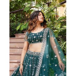 Teal Green Georgette Embroidery Designer Lehenga Choli Readymade