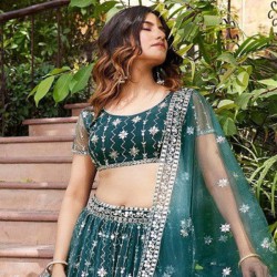 Teal Green Georgette Embroidery Designer Lehenga Choli Readymade