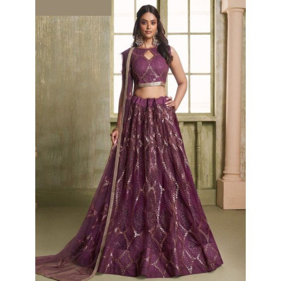 Wine Colour Butterfly Net Designer Fancy Lehenga Choli Readymade