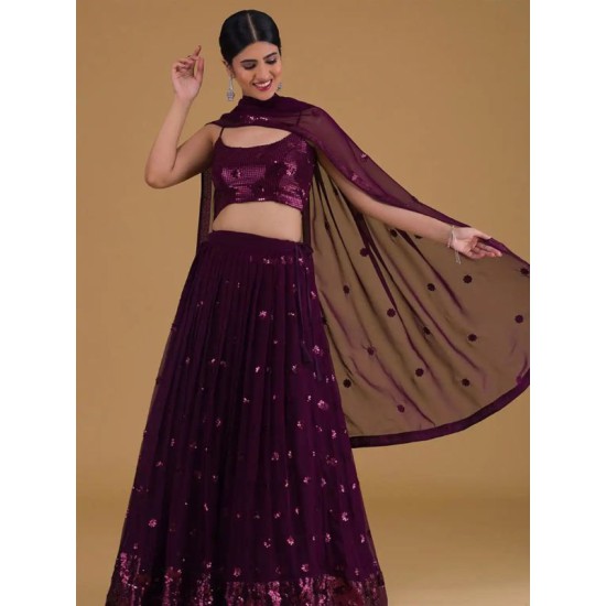 Wine Purple Georgette Sequence Embroidery Wedding Lehenga Choli Readymade Wine Purple Georgette Sequence Embroidery Wedding Lehenga Choli Readymade