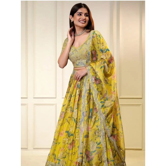 Yellow Floral Digital Print Organza Lehenga Choli Readymade Yellow Floral Digital Print Organza Lehenga Choli Readymade