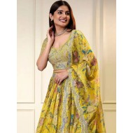 Yellow Floral Digital Print Organza Lehenga Choli Readymade