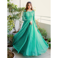Sky Blue Faux Georgette Plain Anarkali Style Gown With Designers Dupatta