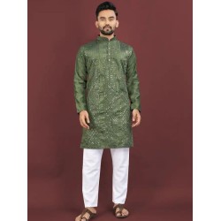 Viscose Silk Embroidery Sequence Work Men Kurta With Pajama Set