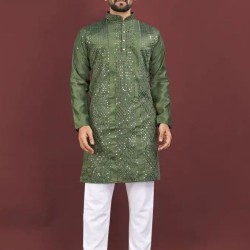 Viscose Silk Embroidery Sequence Work Men Kurta With Pajama Set