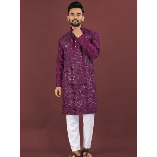 Viscose Silk Embroidery Sequence Work Men Kurta With Pajama Set Viscose Silk Embroidery Sequence Work Men Kurta With Pajama Set