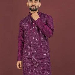 Viscose Silk Embroidery Sequence Work Men Kurta With Pajama Set