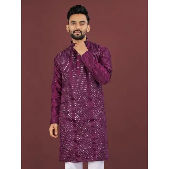 Viscose Silk Embroidery Sequence Work Men Kurta With Pajama Set Viscose Silk Embroidery Sequence Work Men Kurta With Pajama Set