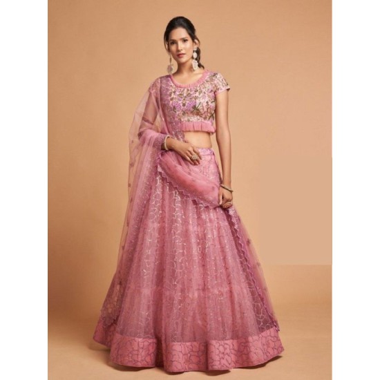Beautiful Fancy Embroidery Pink Net Lehenga Choli Readymade