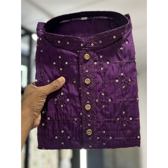  Purple Cotton Embroidery Mirror Men Kurta With Pajama Set