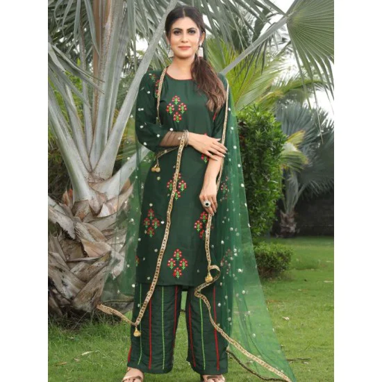Rayon Embroidery Kurtis with Bottom Dupatta Set