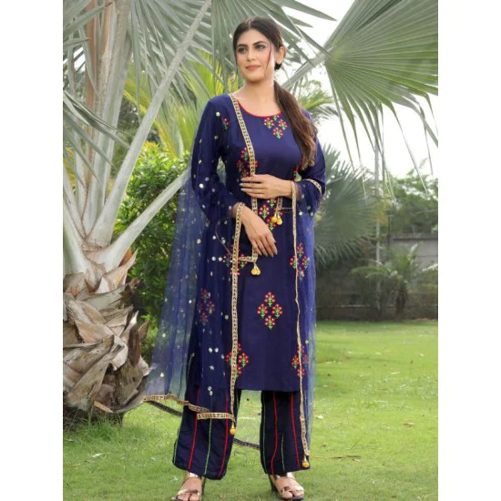 Rayon Embroidery Kurtis with Bottom Dupatta Set